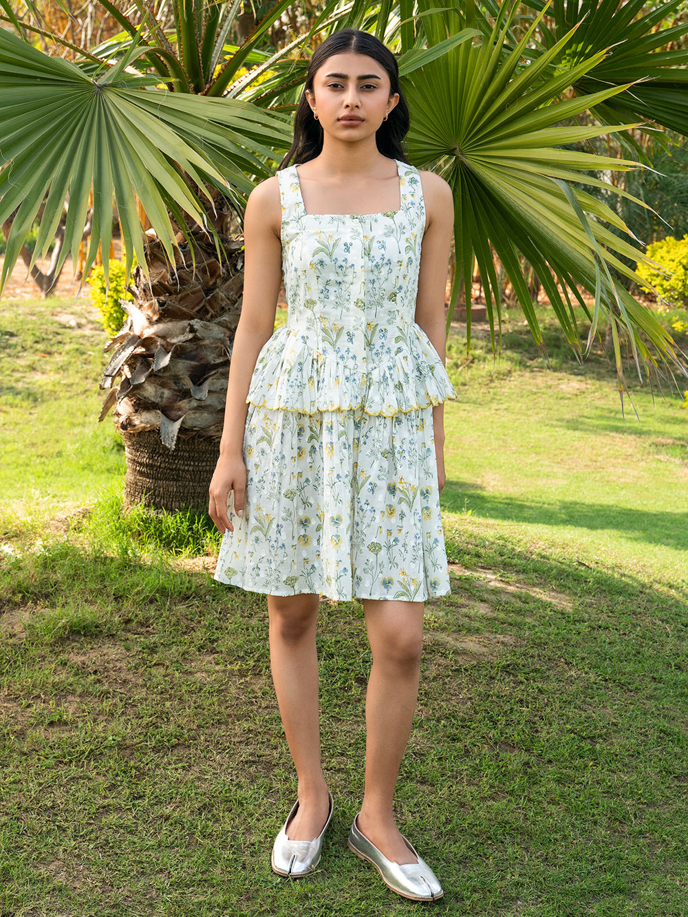 White Hand Block Printed Cotton Dobby Dress