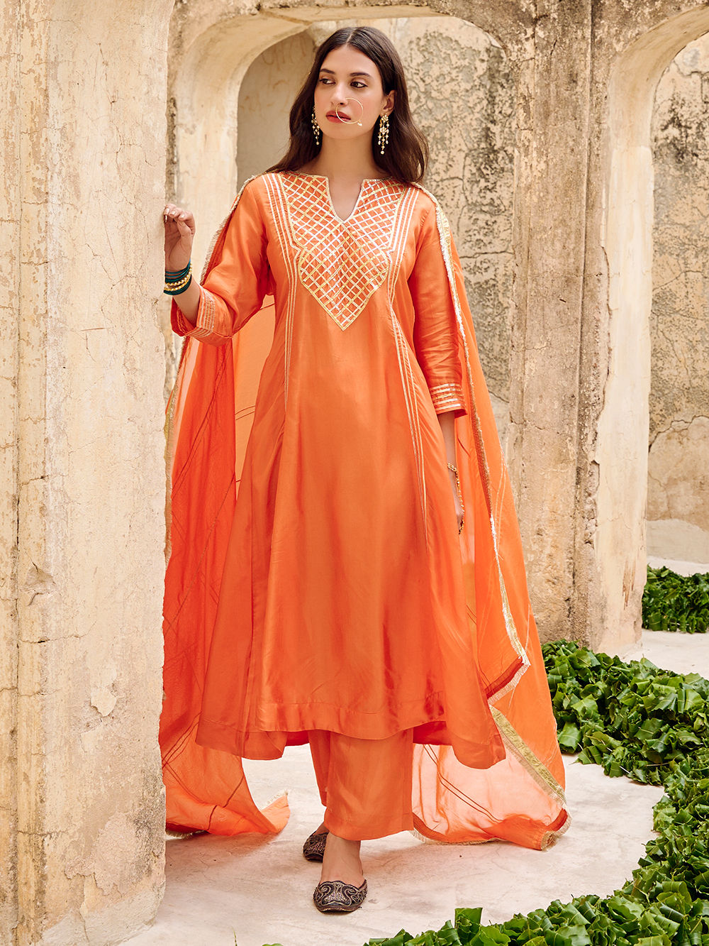 Orange Gota Work Silk Suit- Set of