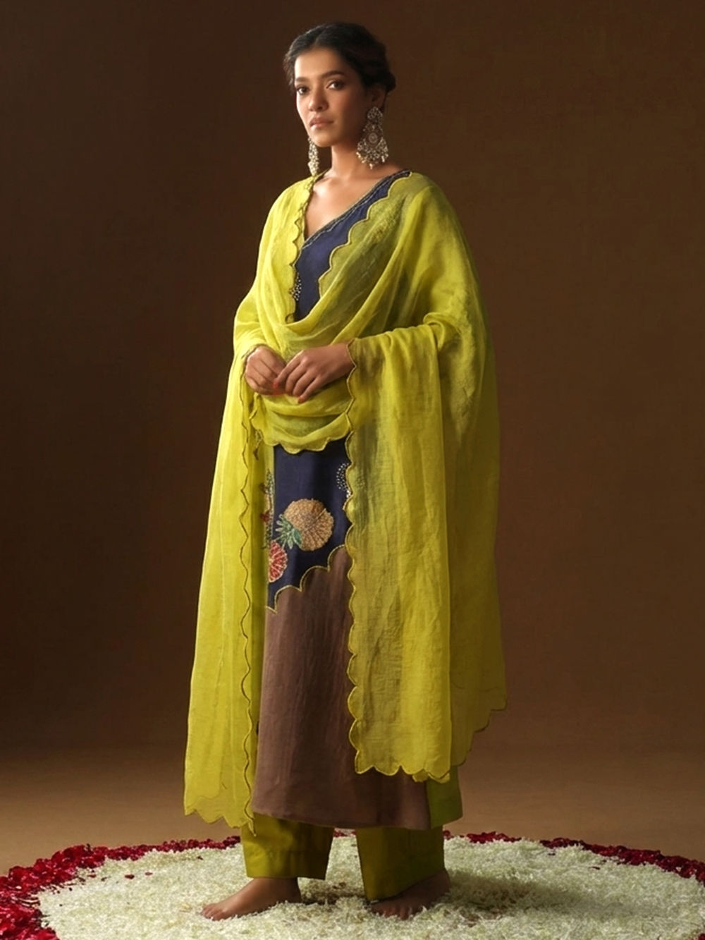 Lime Green Blue Hand Embroidered Chanderi Silk Suit- Set of 3
