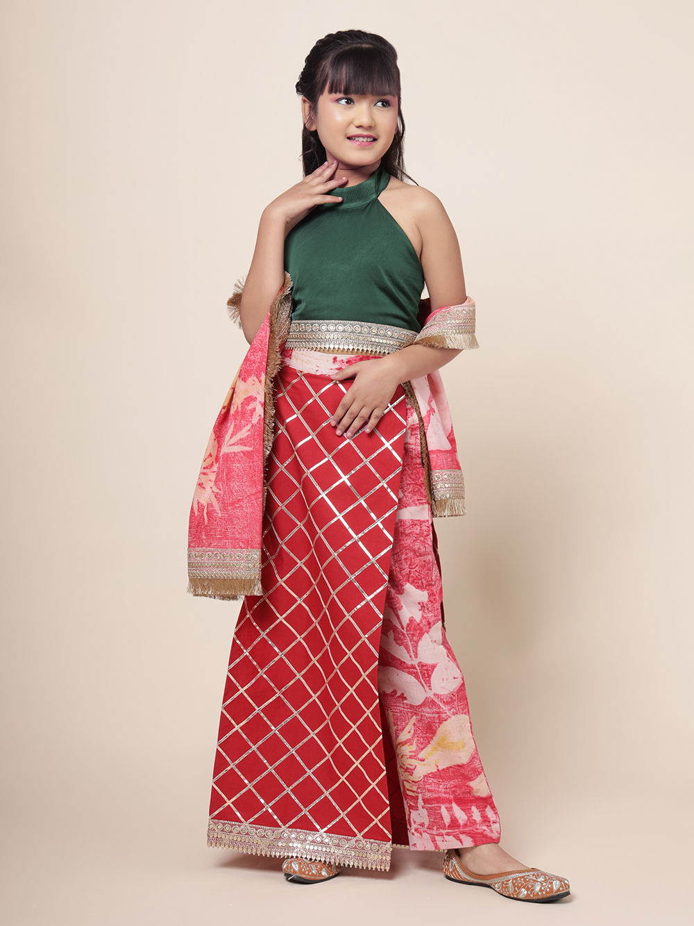 Green Lace Work Bemberg Satin Top with Skirted Pants and Dupatta - Set of 3