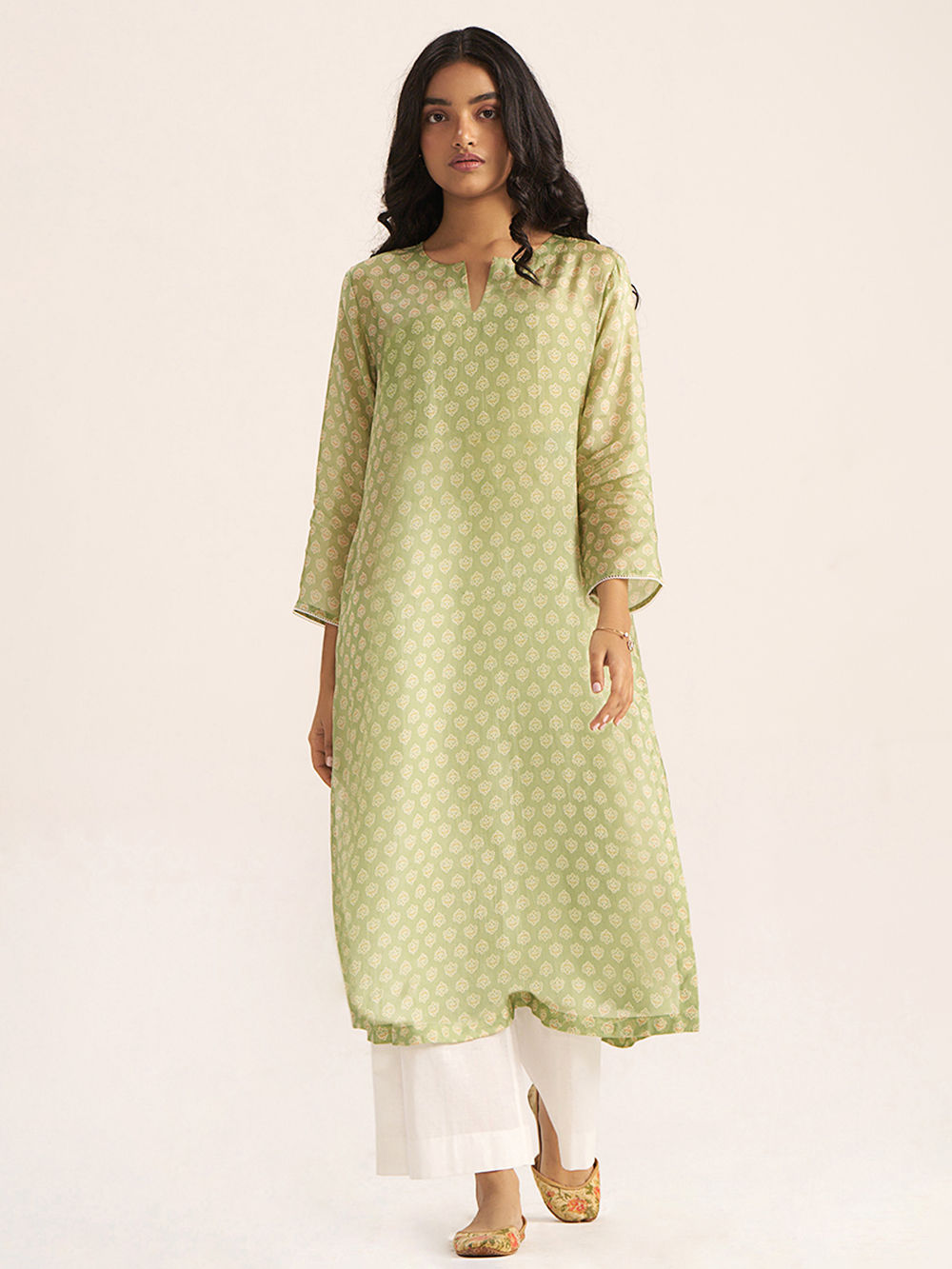 Pista Green Printed Silk Blend Kurta