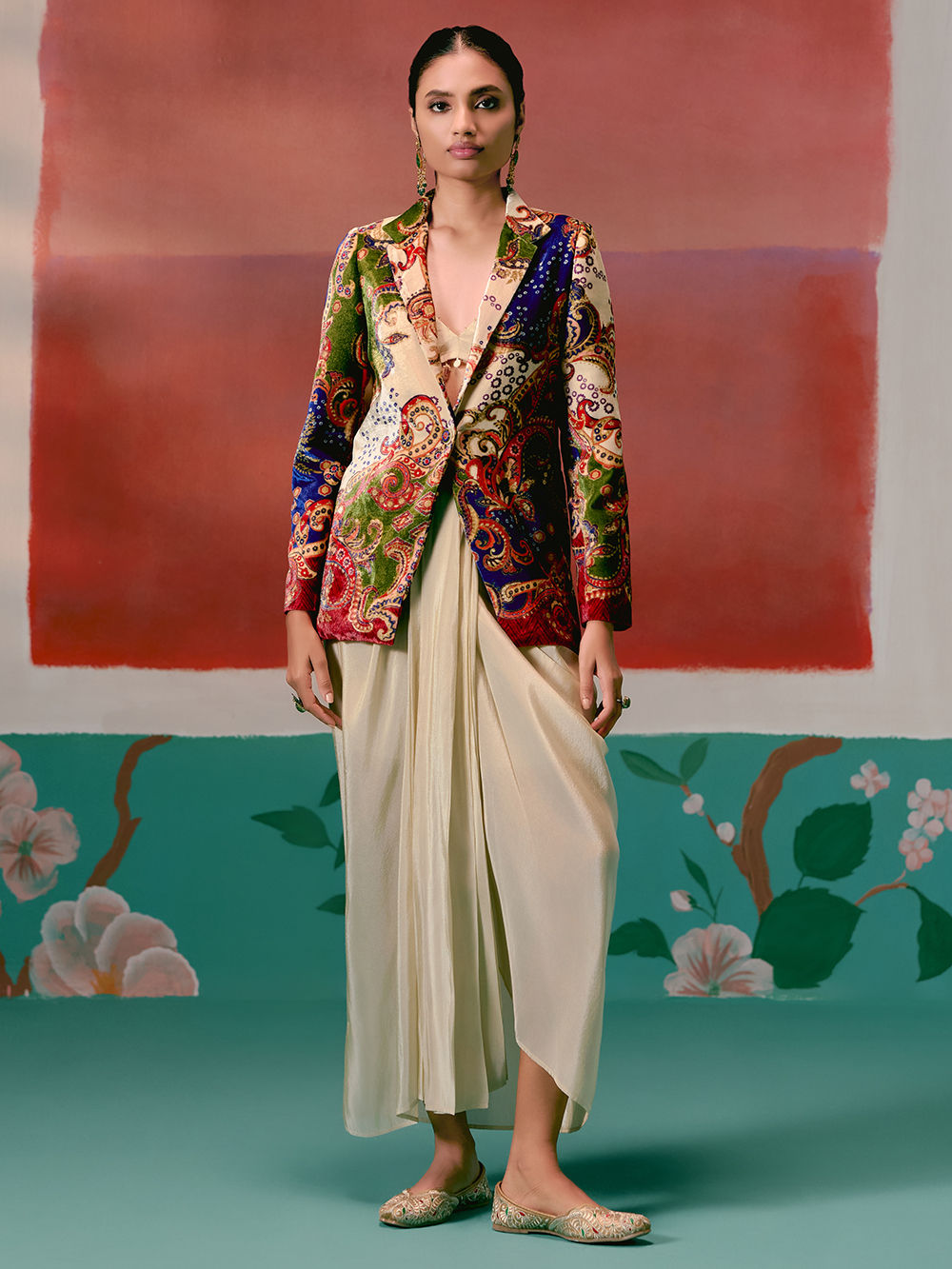 Ivory Tissue Bralette with Printed Blazer and Skirt- Set of 3