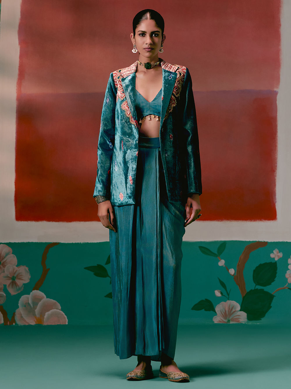 Teal Blue Tissue Bralette with Printed Blazer and Skirt- Set of 3