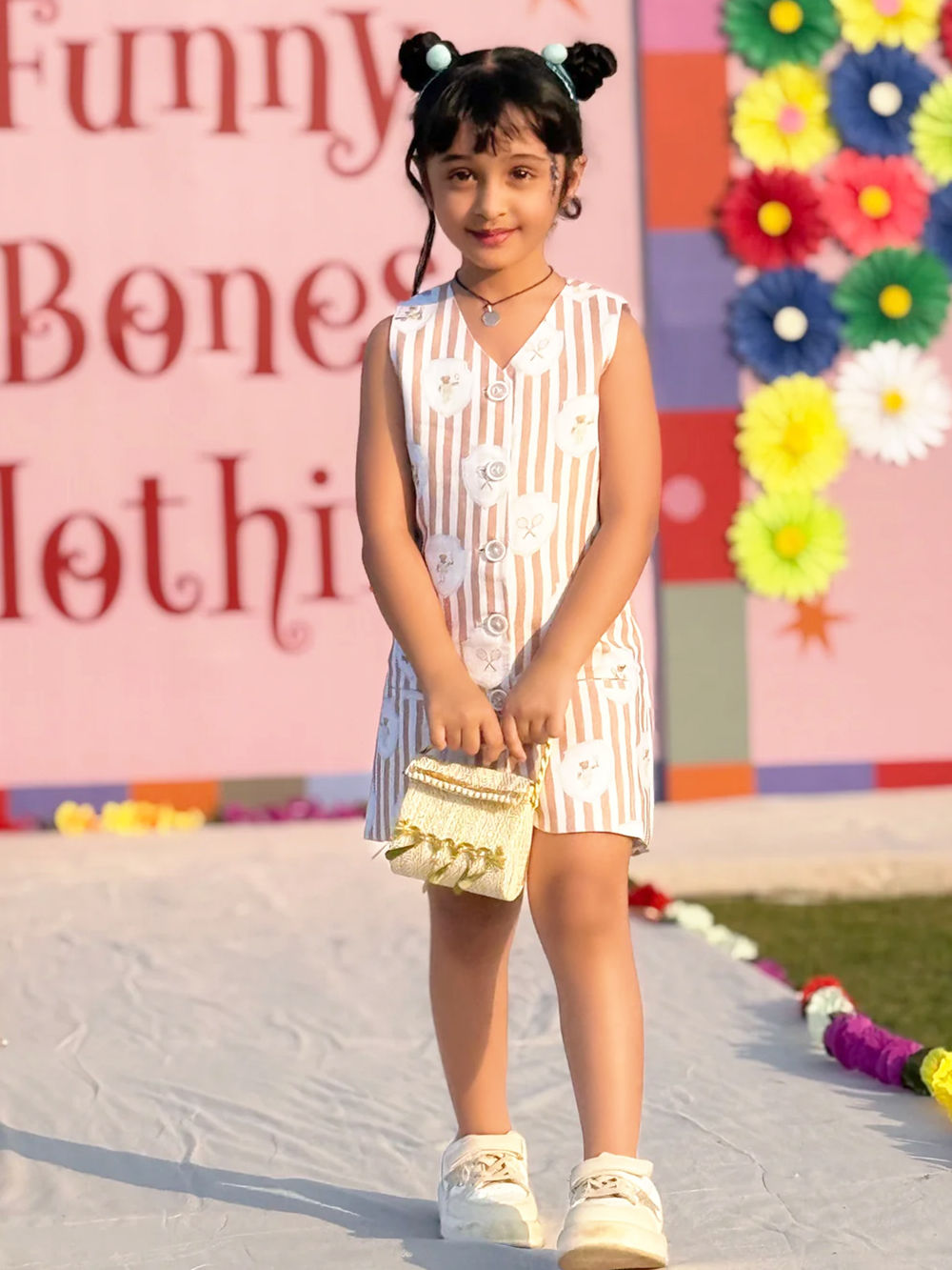 White Brown Printed Linen Dress
