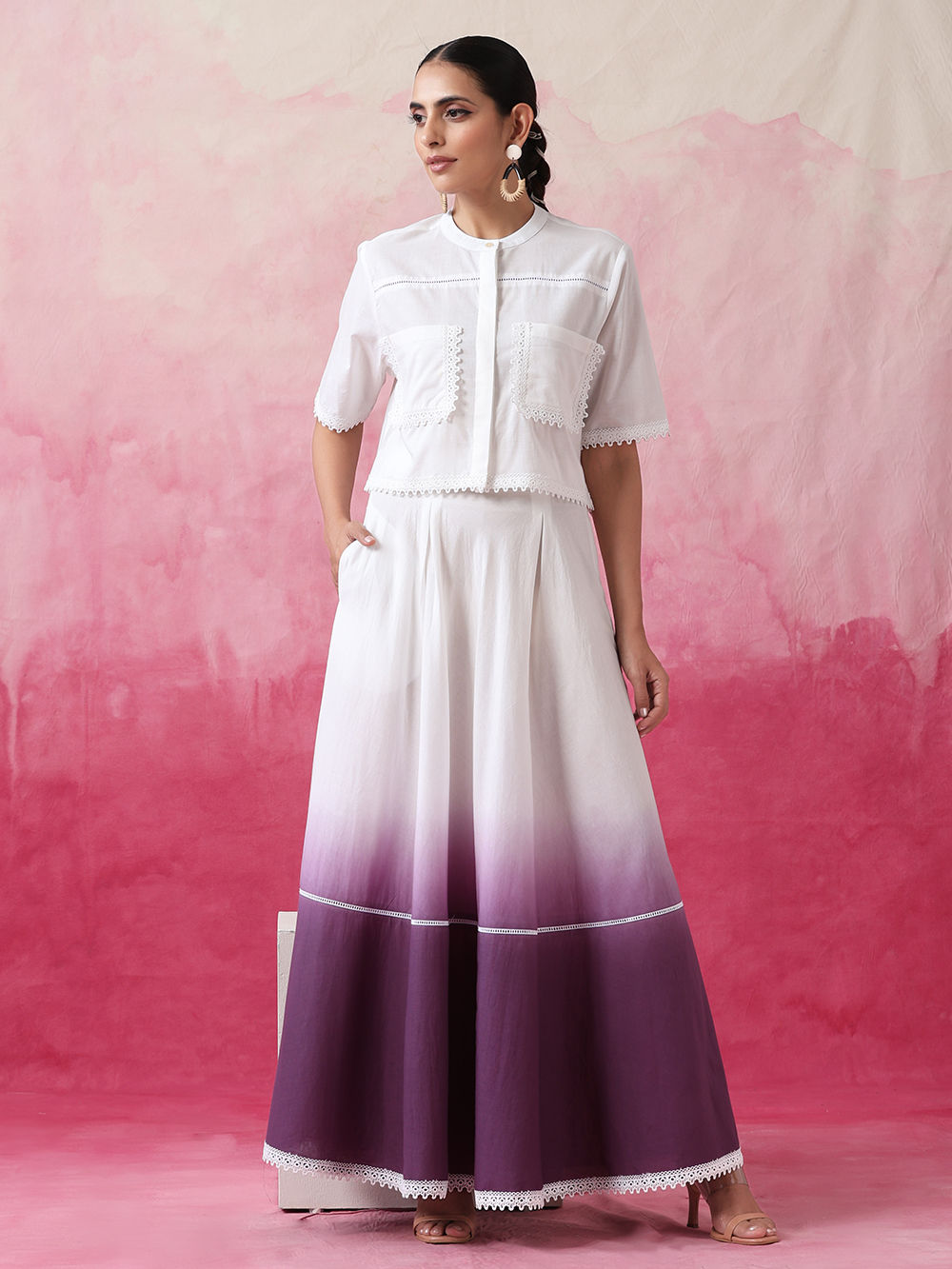 White Lace Work Cotton Shirt with Skirt - Set of 2