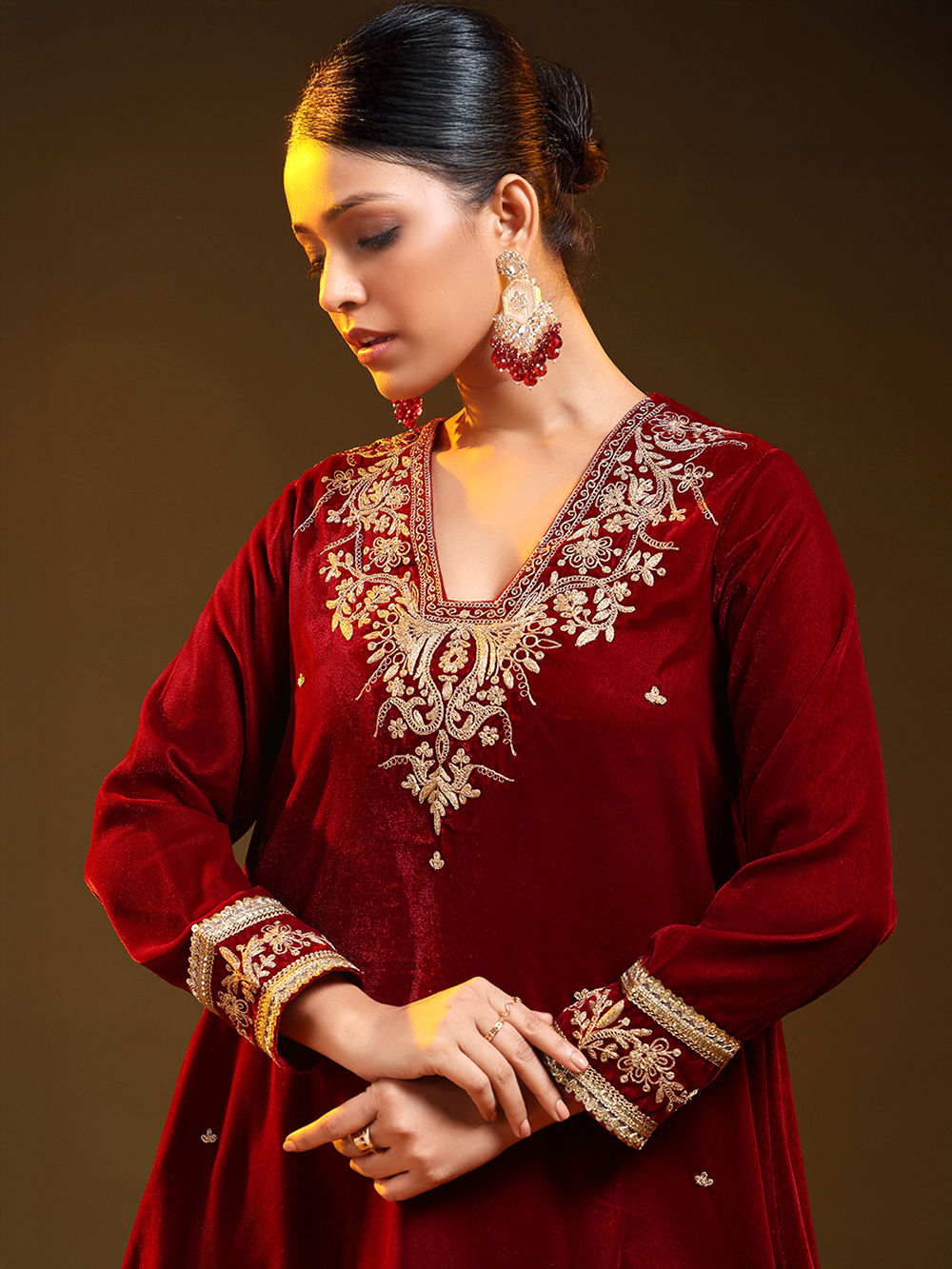 Red Embroidered Velvet Kurta with Pants - Set of 2