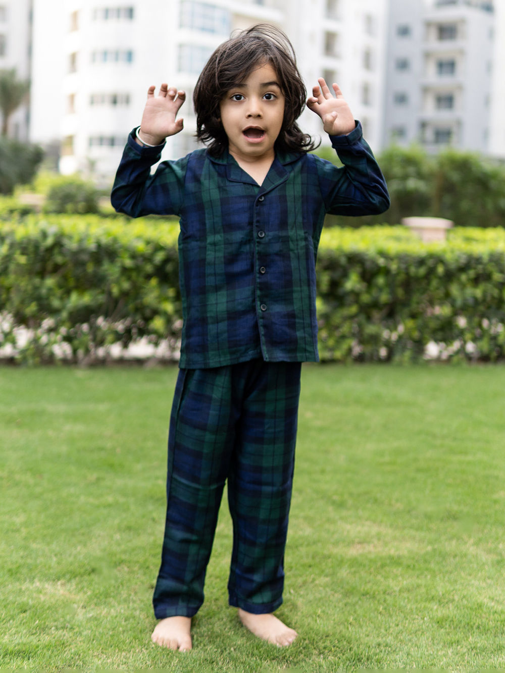 Boys Brushed Cotton Checkered Nightwear Set Cobalt Blue