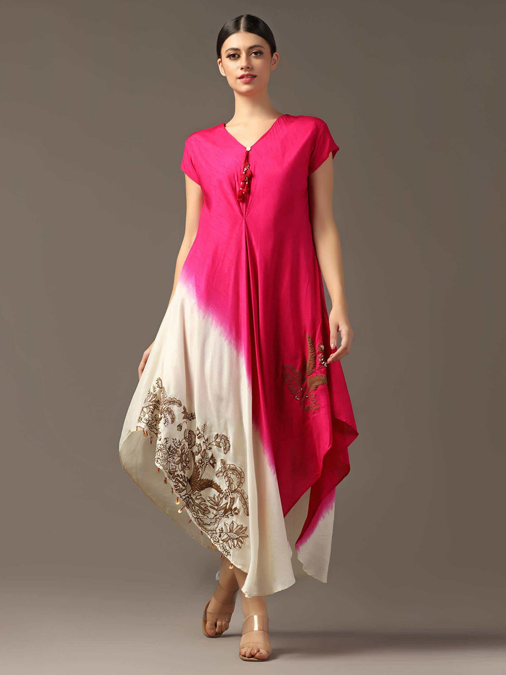 Pink Off White Hand Embroidered Georgette Dress Pink Off White Hand Embroidered Georgette Dress