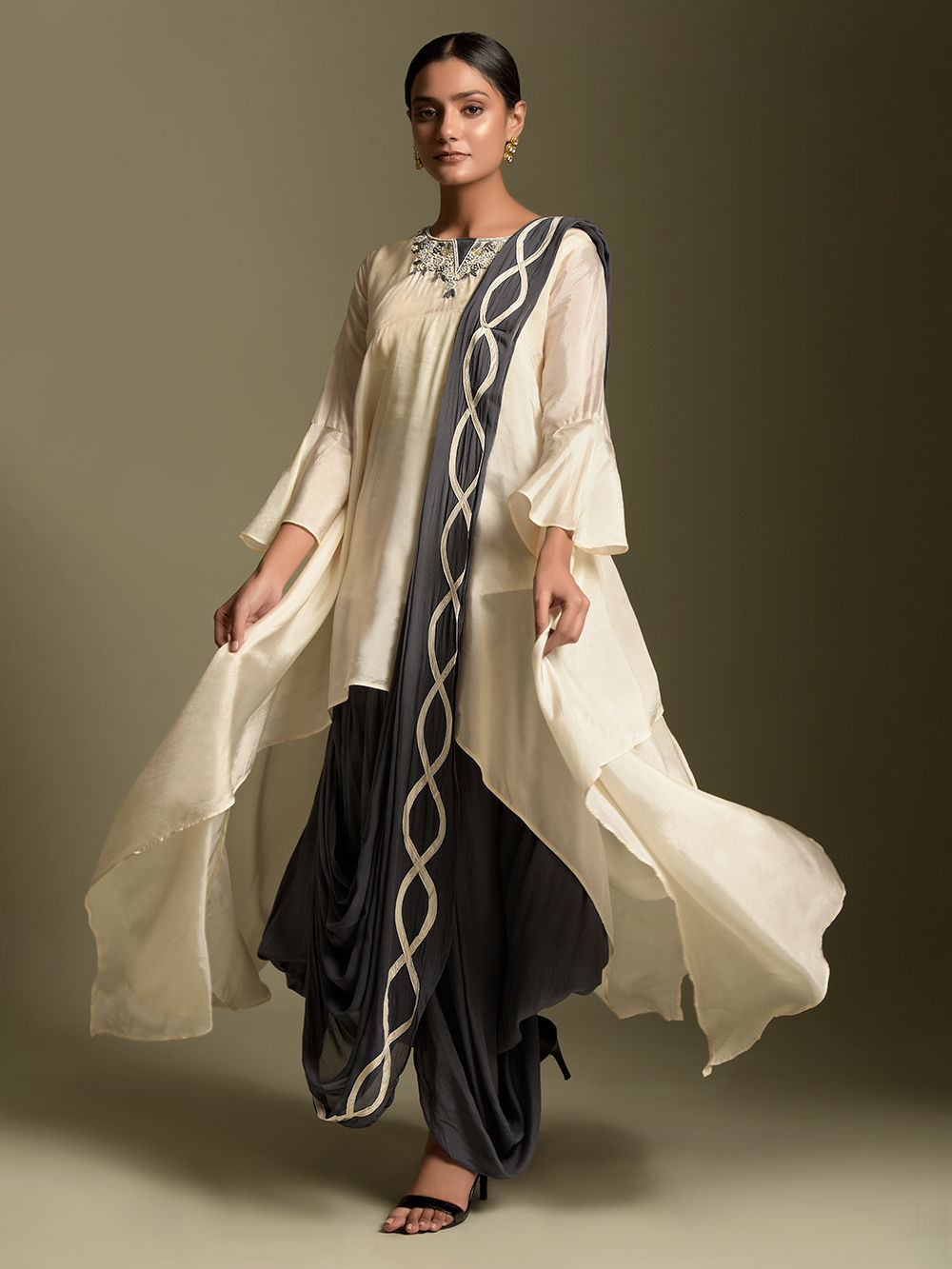 Off White Sequins Work Crepe Kurta with Dhoti and Attached Dupatta - Set of 2