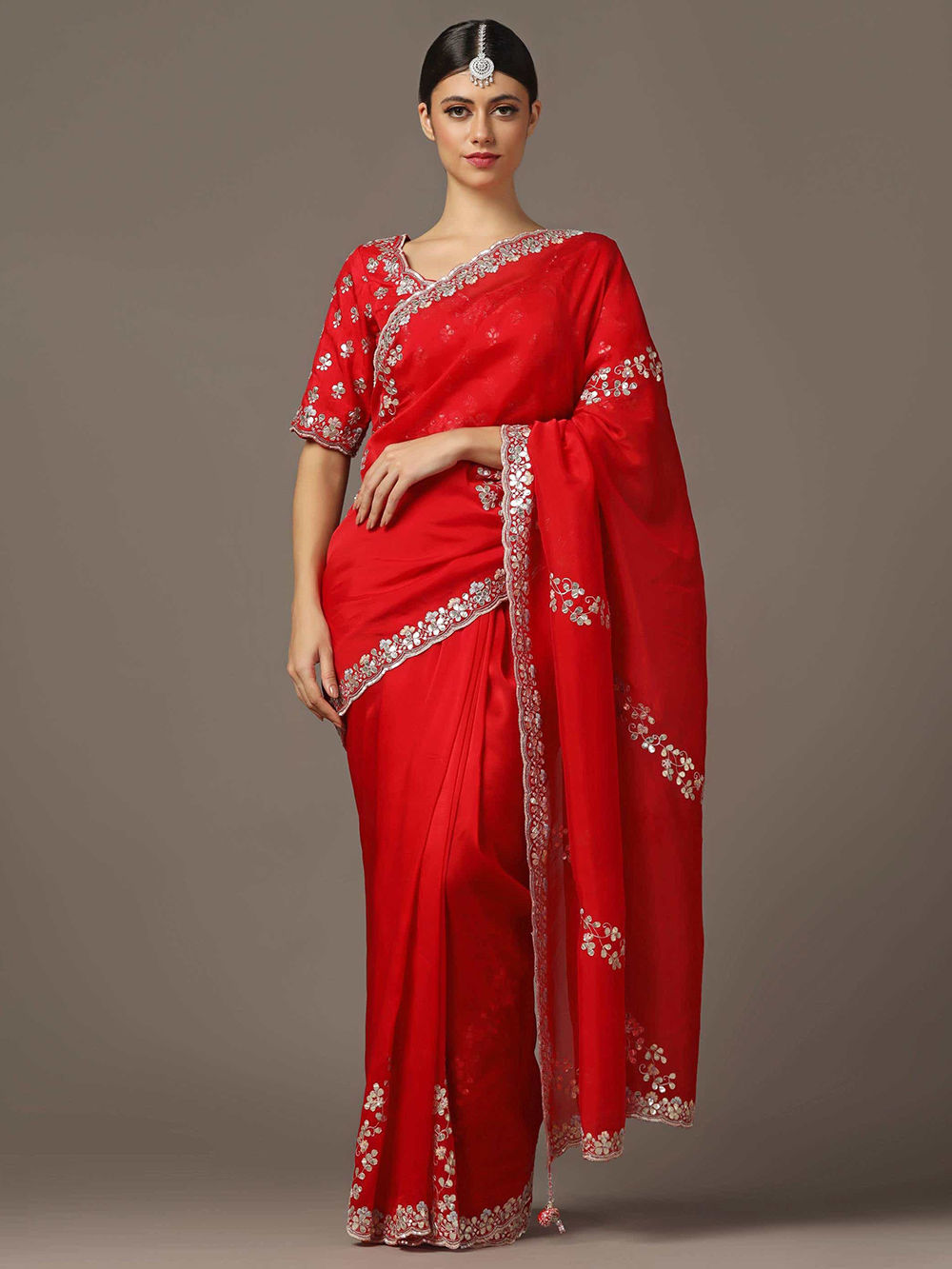 Red Sequins Embroidered Satin Saree with Blouse - Set of 2