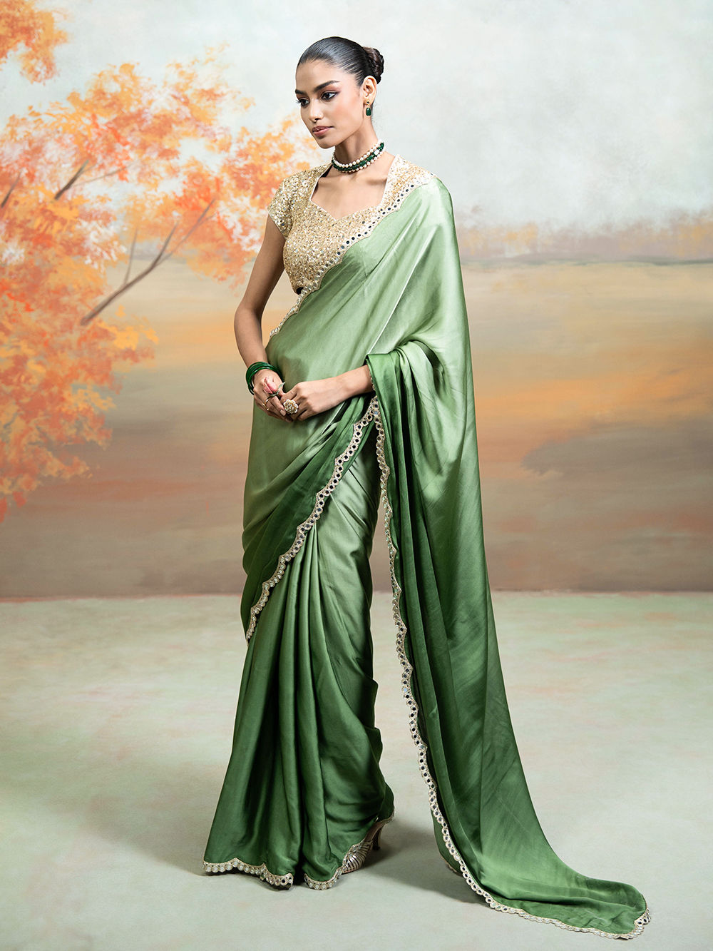Green Mirror Embroidered Modal Satin Saree with Blouse - Set of 2