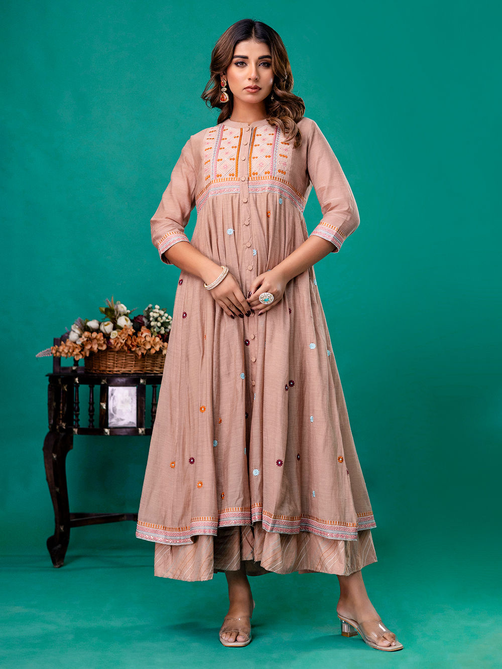 Beige Embroidered Chanderi Silk Dress