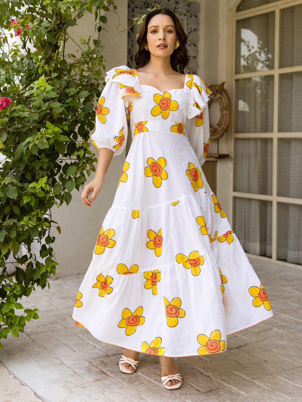 White Yellow Printed Cotton Dress White Yellow Printed Cotton Dress