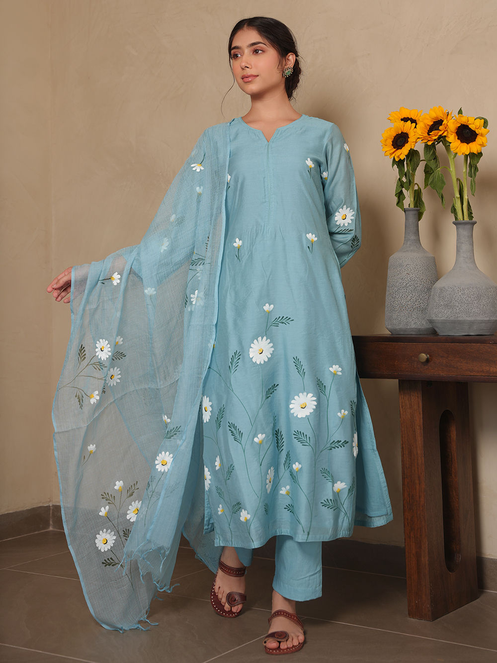 Sky Blue Hand Painted Chanderi Suit- Set of 3
