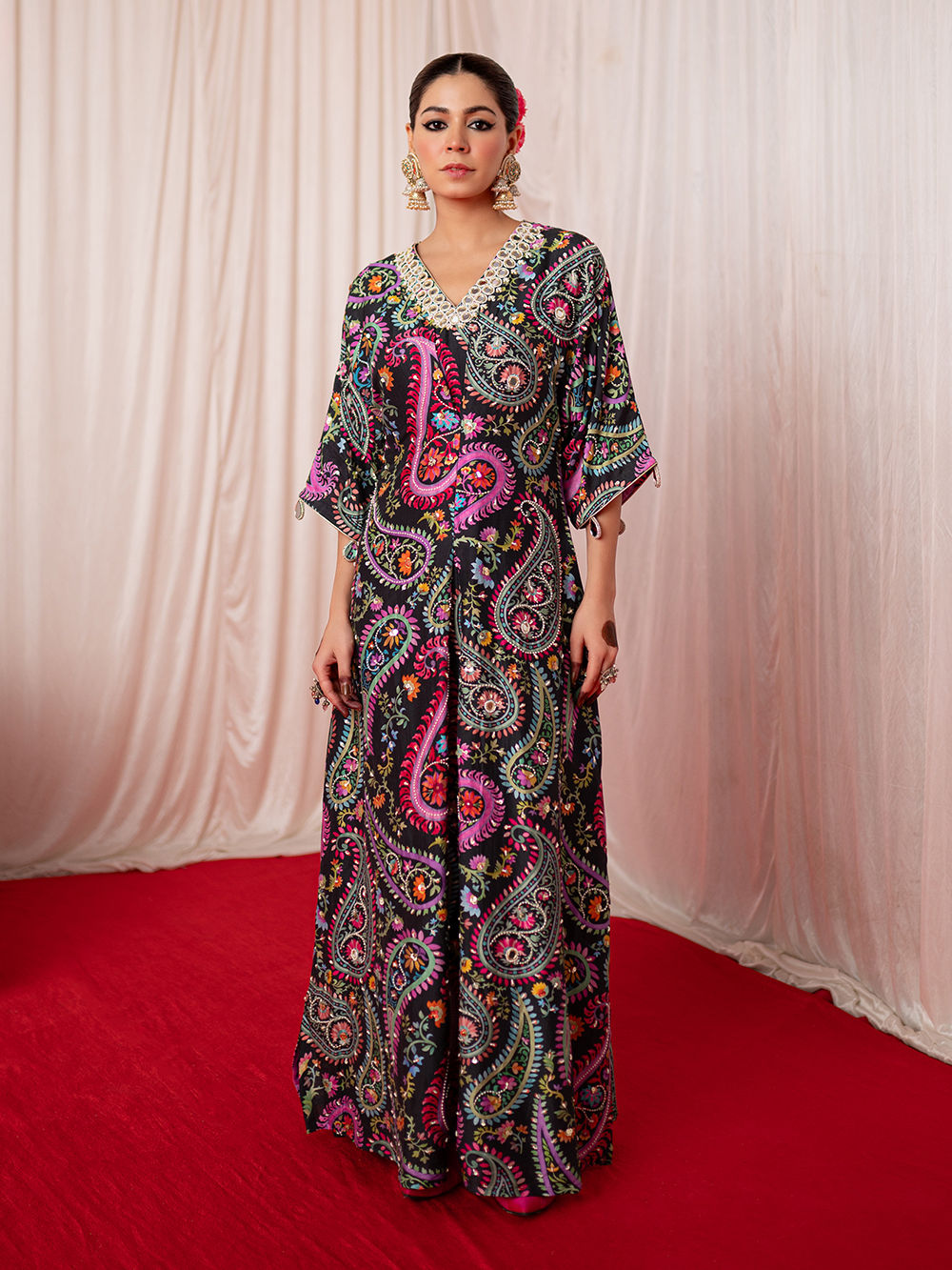 Black Printed Chanderi Silk Embroidered Kaftan