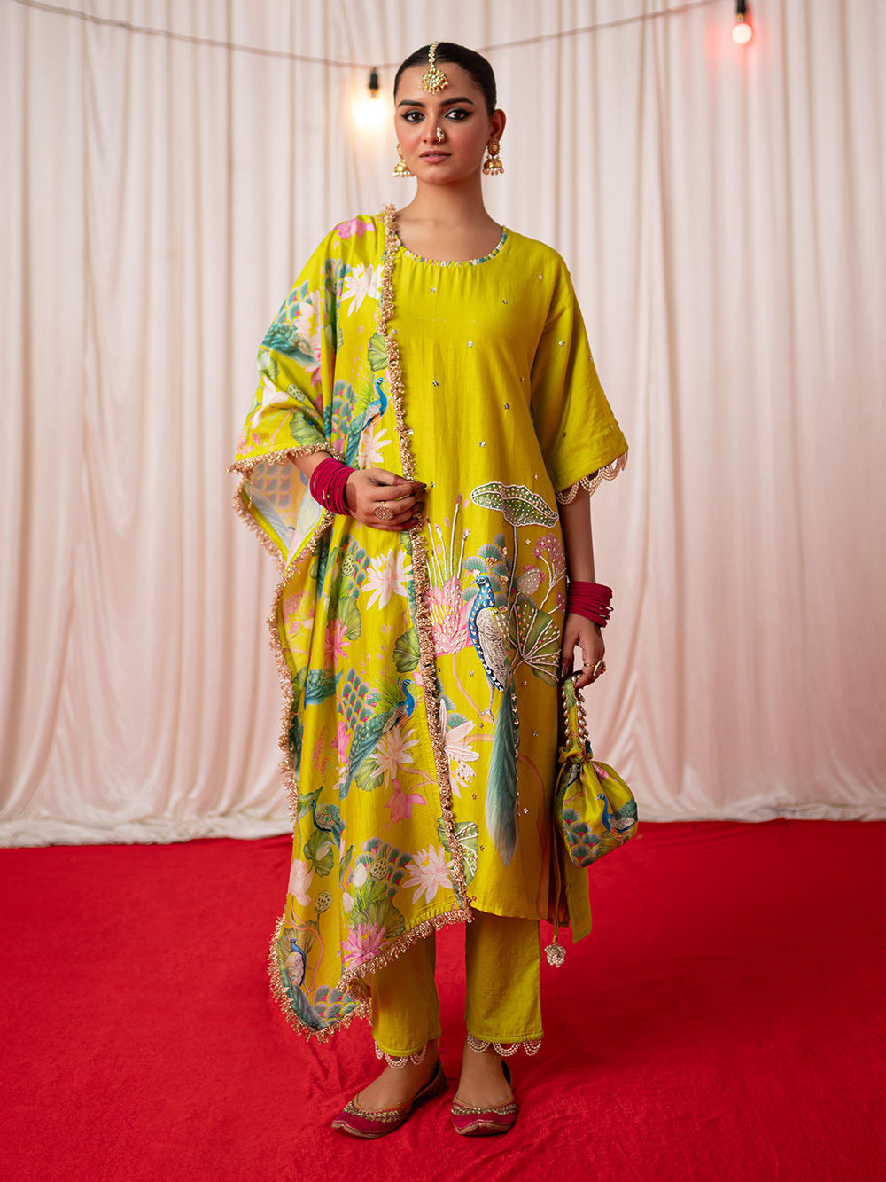 Lime Green Printed Chanderi Silk Hand Embroidered Suit- Set of 3