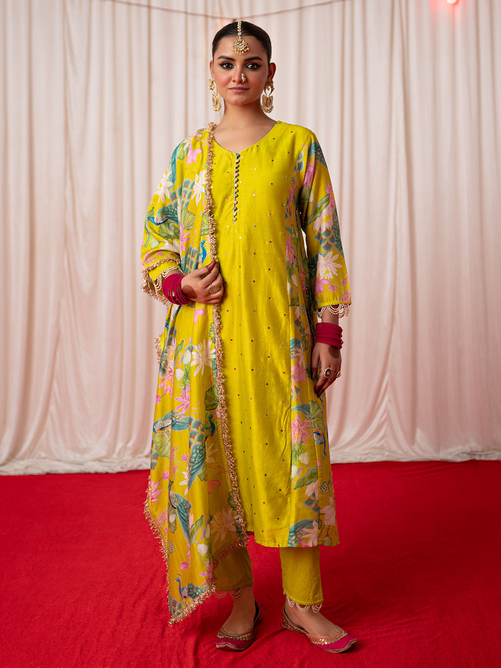 Lime Green Printed Chanderi Silk Mukaish Work Suit- Set of 3