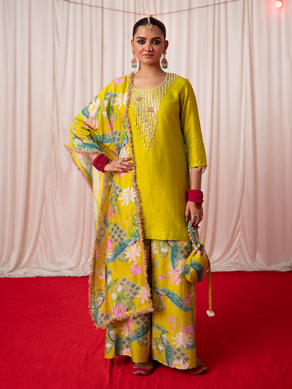 Lime Green Embroidered Chanderi Silk Sharara Suit- Set of 3