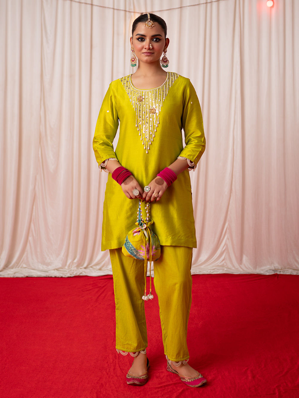 Lime Green Hand Embroidered Chanderi Silk Kurta with Pants- Set of 2