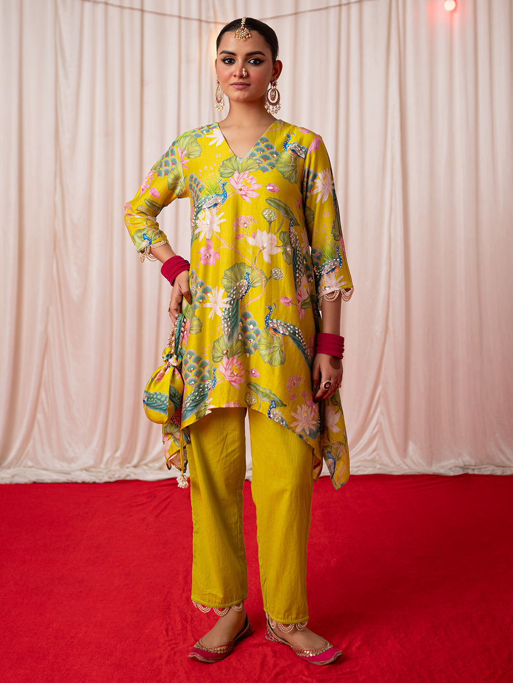 Lime Green Printed Chanderi Silk Kurta with Pants- Set of 2
