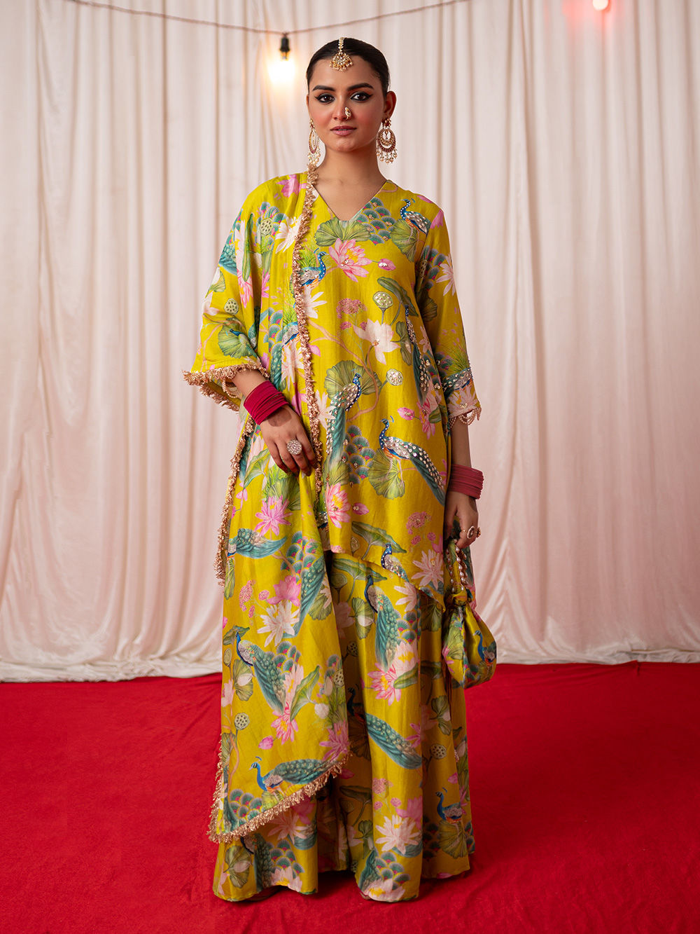 Lime Green Printed Chanderi Silk Sharara Suit- Set of 3