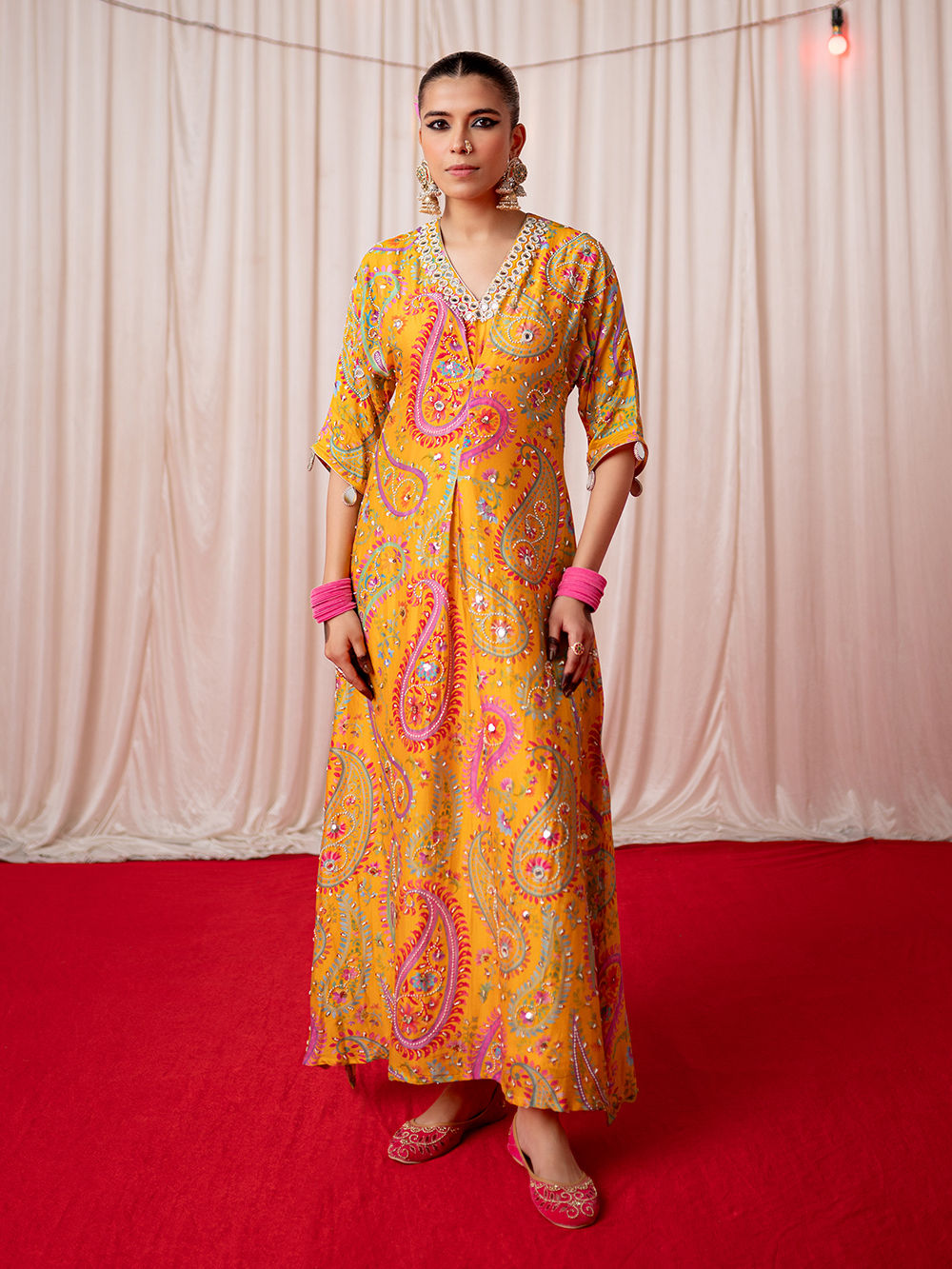 Yellow Printed Chanderi Silk Embroidered Kaftan