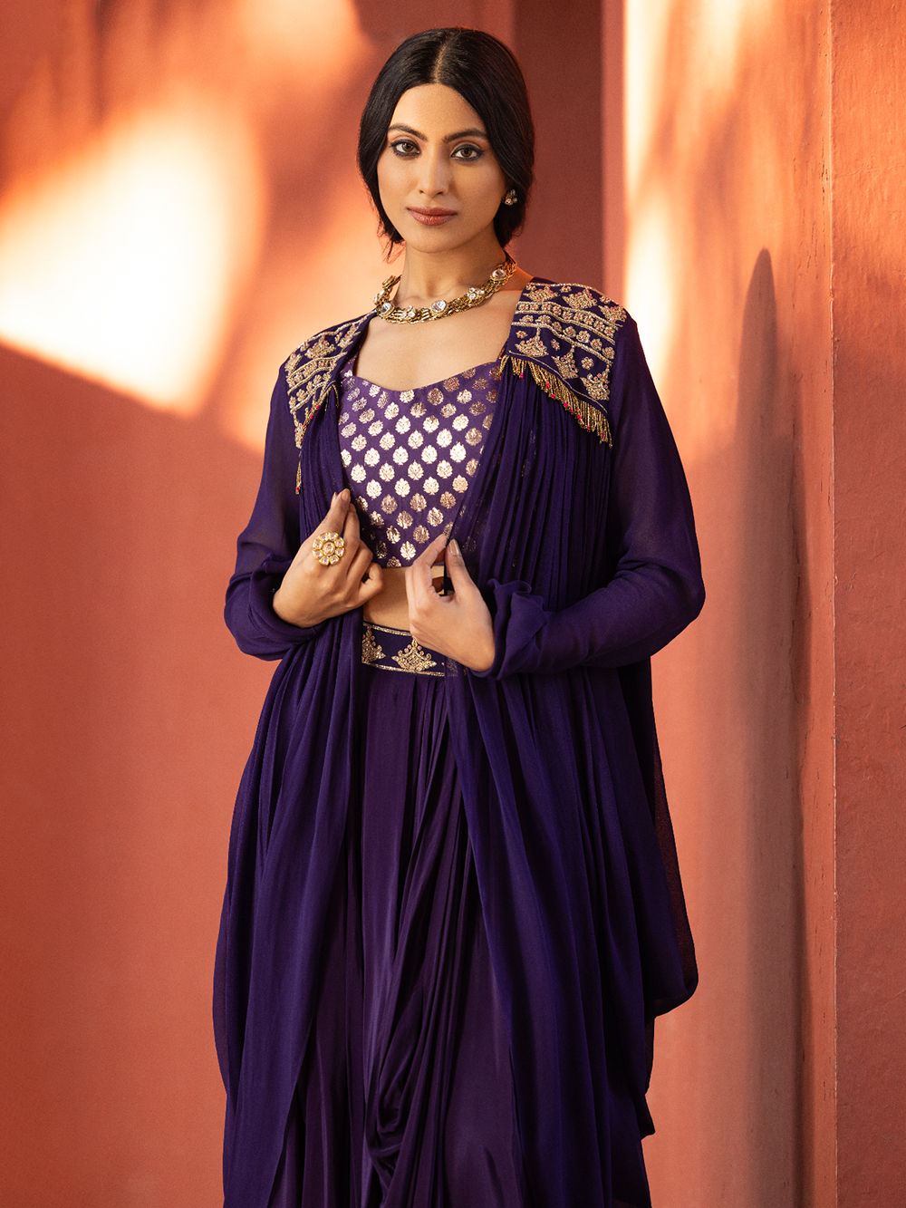 Purple Chanderi Lurex Blouse with Hand Embroidered Shrug and Dhoti Skirt- Set of 3