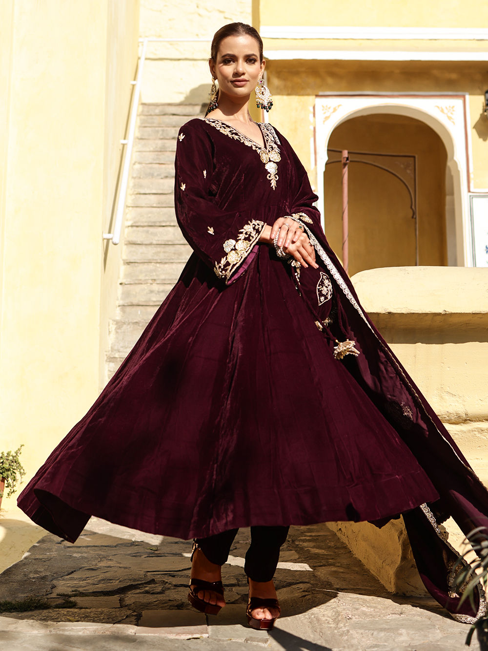 Wine Hand Embroidered Velvet Suit- Set of 4 Wine Hand Embroidered Velvet Suit- Set of 4