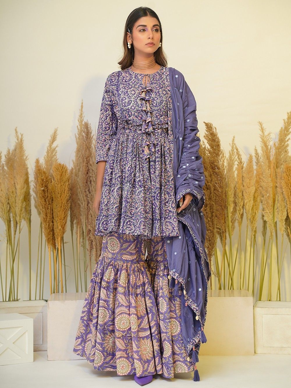 white christmas dresses White Cotton Sharara Suit In Floral Print