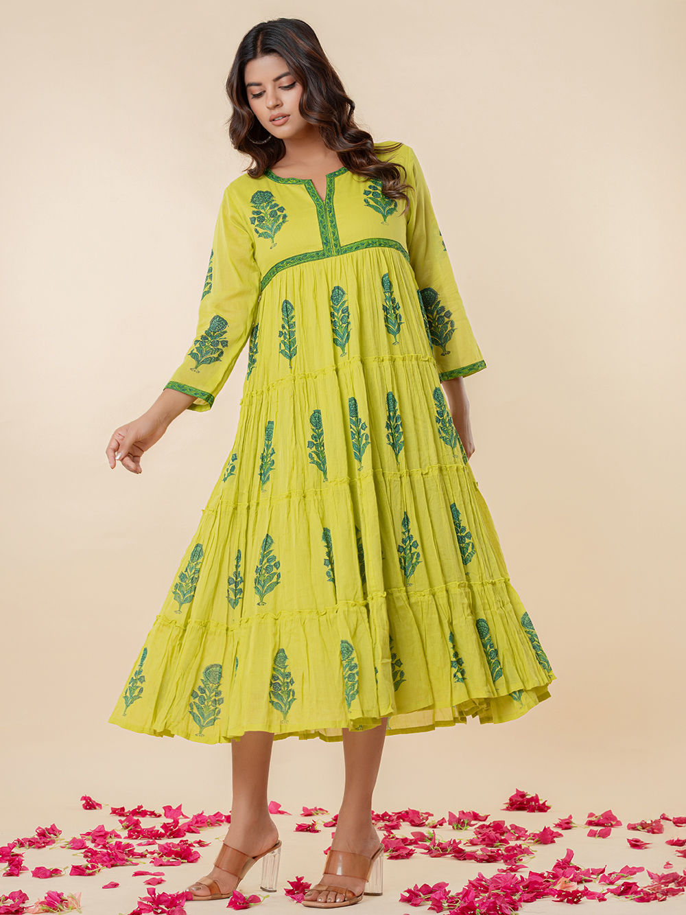 jaase green dress Buy Lime Green Schiffli Embroidered Pure Cotton Flared Spaghetti Dress  Online for Woman main image 0