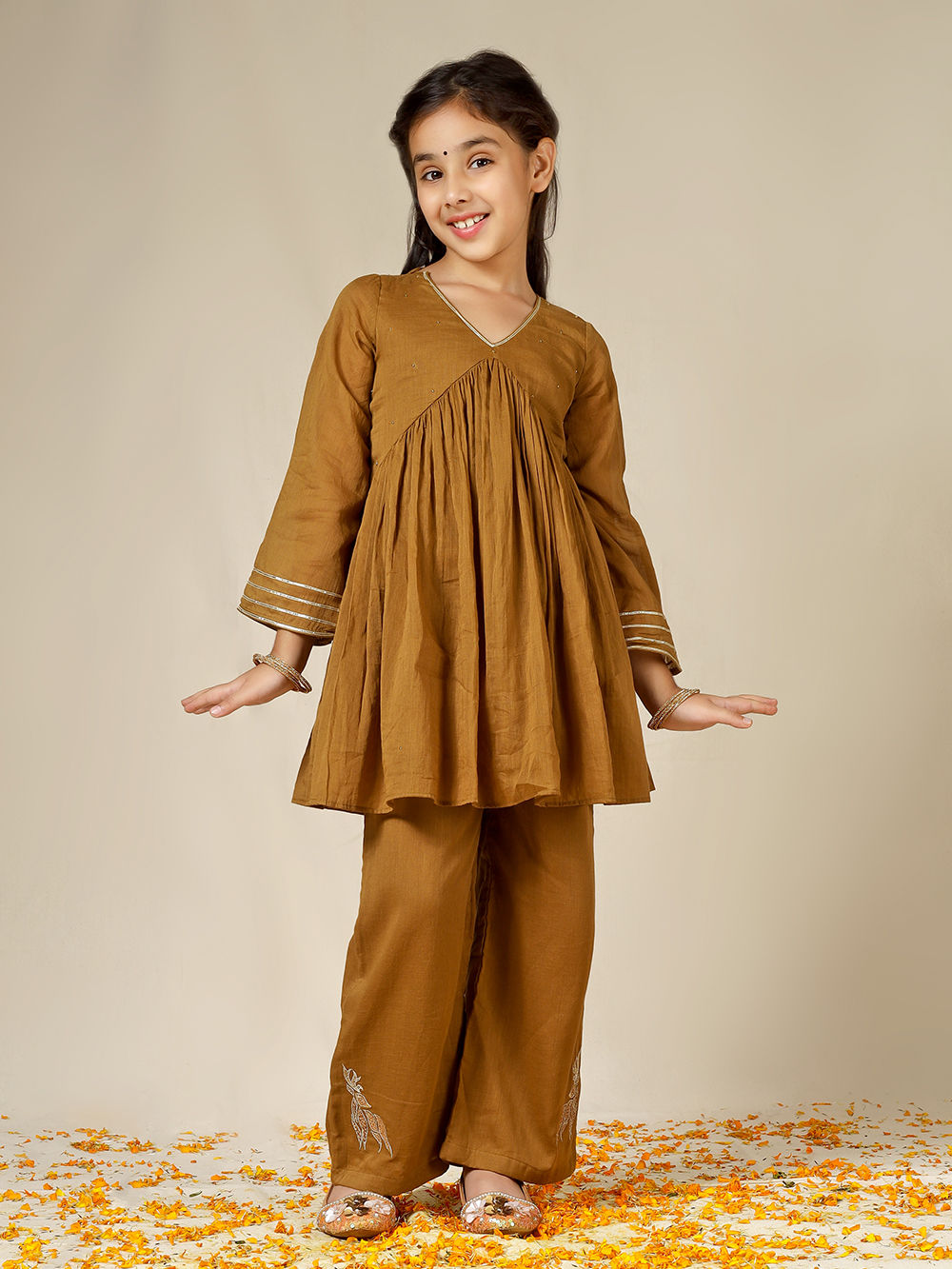 Brown Hand Embroidered Mulmul Co-ord Set - Set of 2