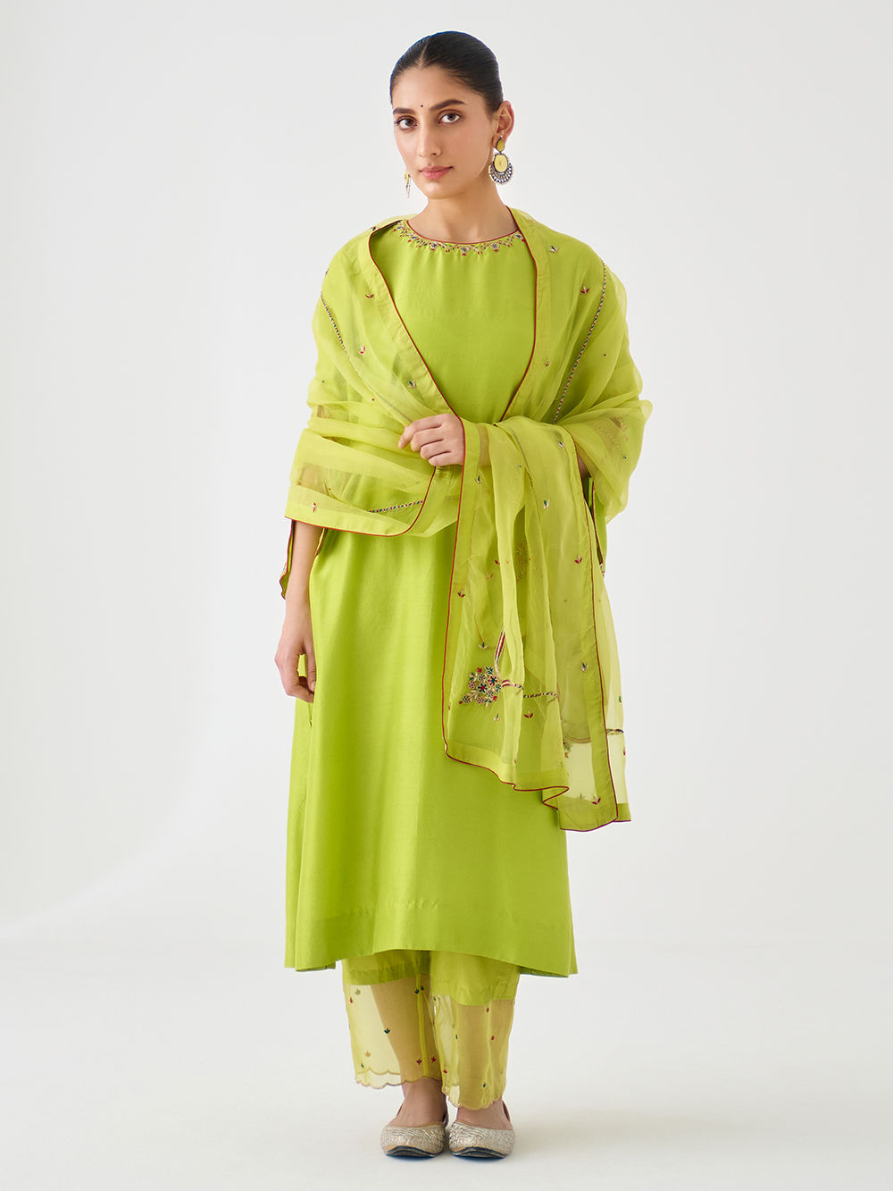 Lime Green Embroidered Dupion Silk Suit- Set of 3