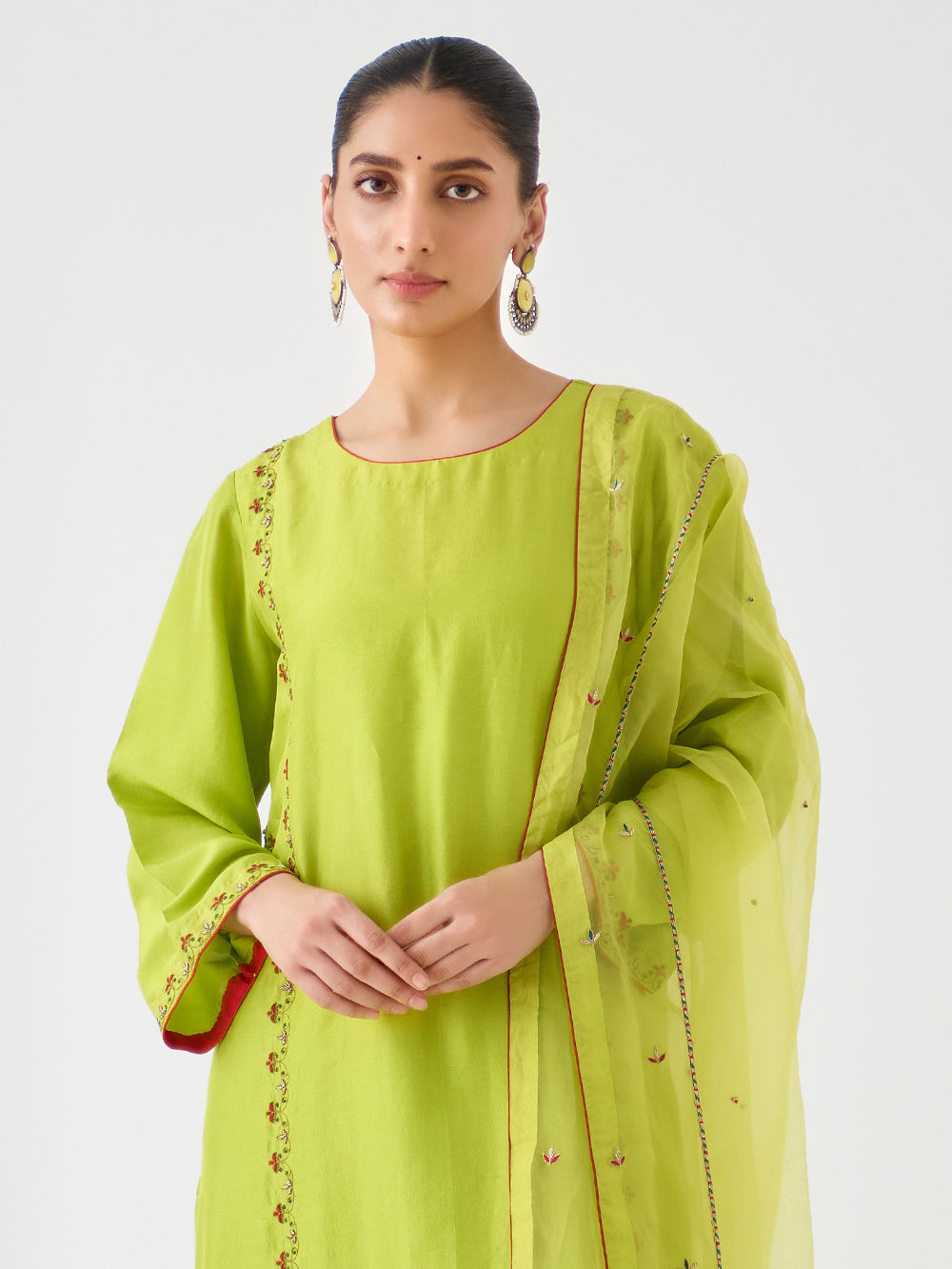 Lime Green Embroidered Dupion Silk Suit- Set of 3
