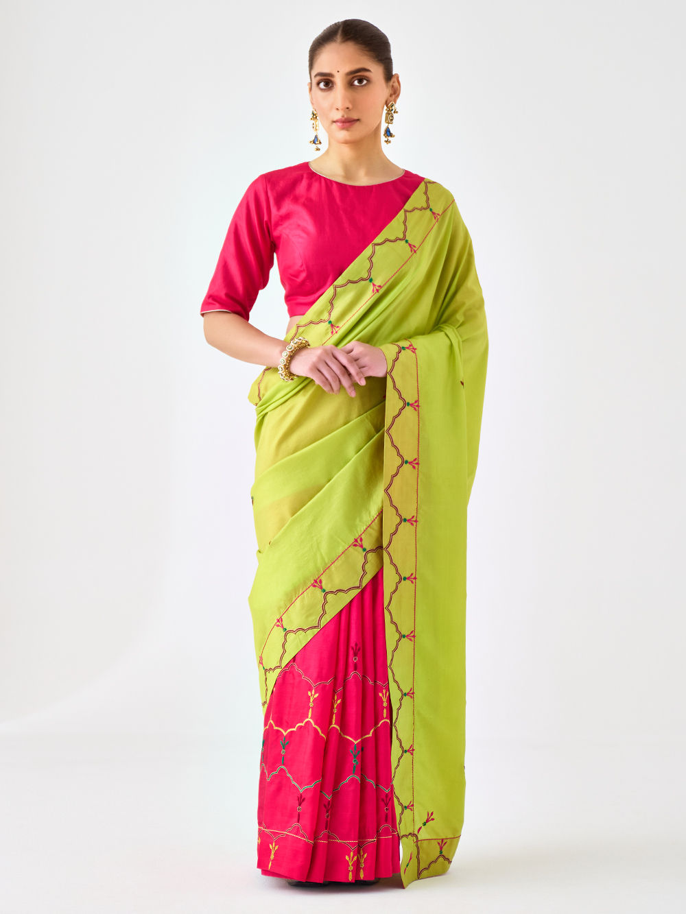 Lime Green Fuchsia Embroidered Silk Saree with Underskirt - Set of 2