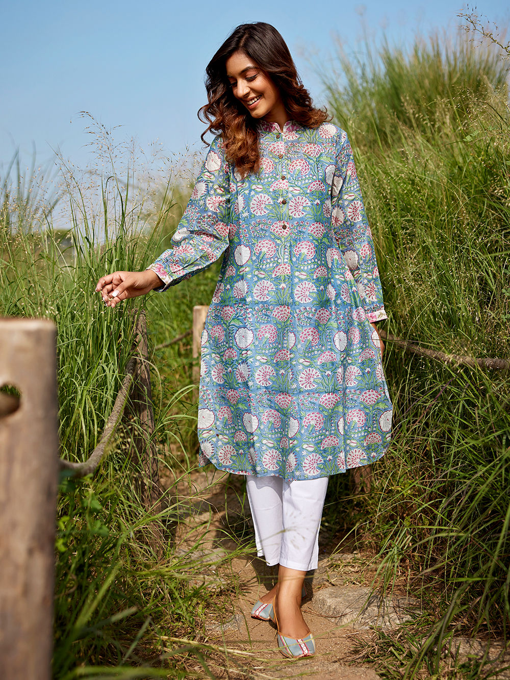 Blue Printed Chanderi Silk Kurta