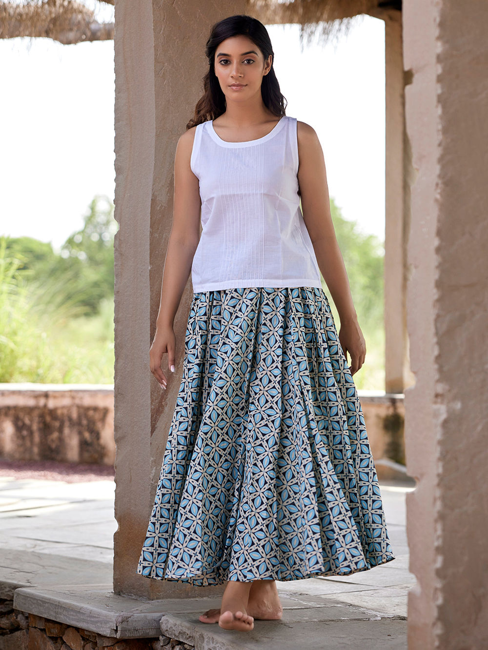 Blue Ivory Hand Block Printed Cotton Skirt
