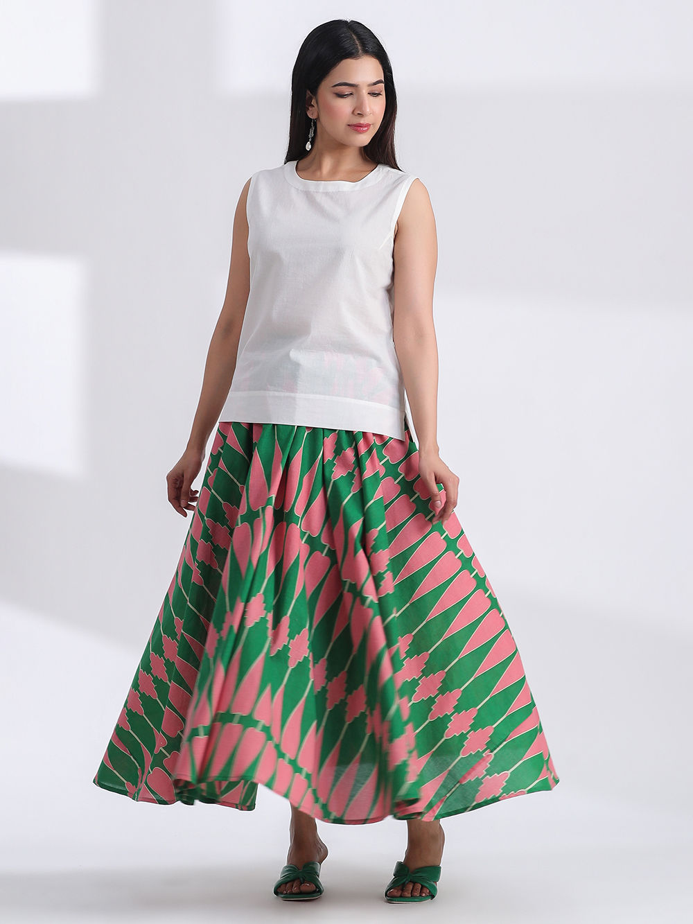 Green Pink Printed Cotton Skirt