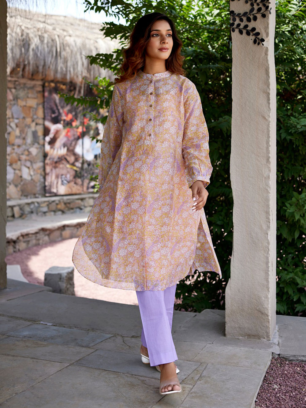 Peach Printed Chanderi Silk Kurta