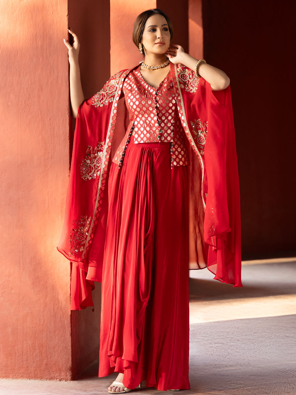 Red Chanderi Lurex Blouse with Hand Embroidered Cape and Dhoti Skirt- Set of 3