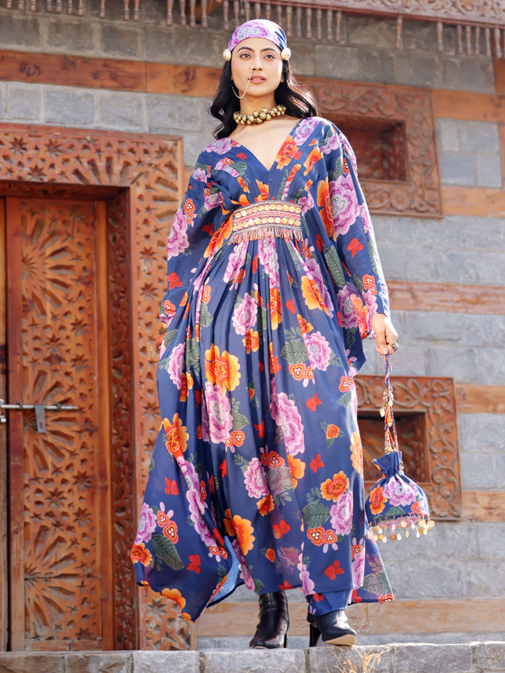 Blue Printed Cotton Silk Embroidered Kaftan