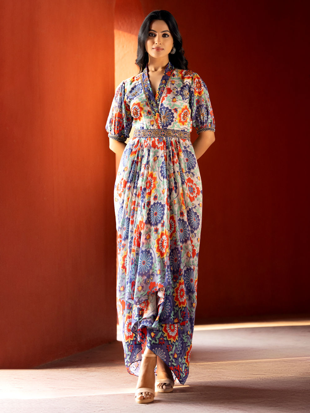 Multicolor Printed Cotton Silk Embroidered Dress