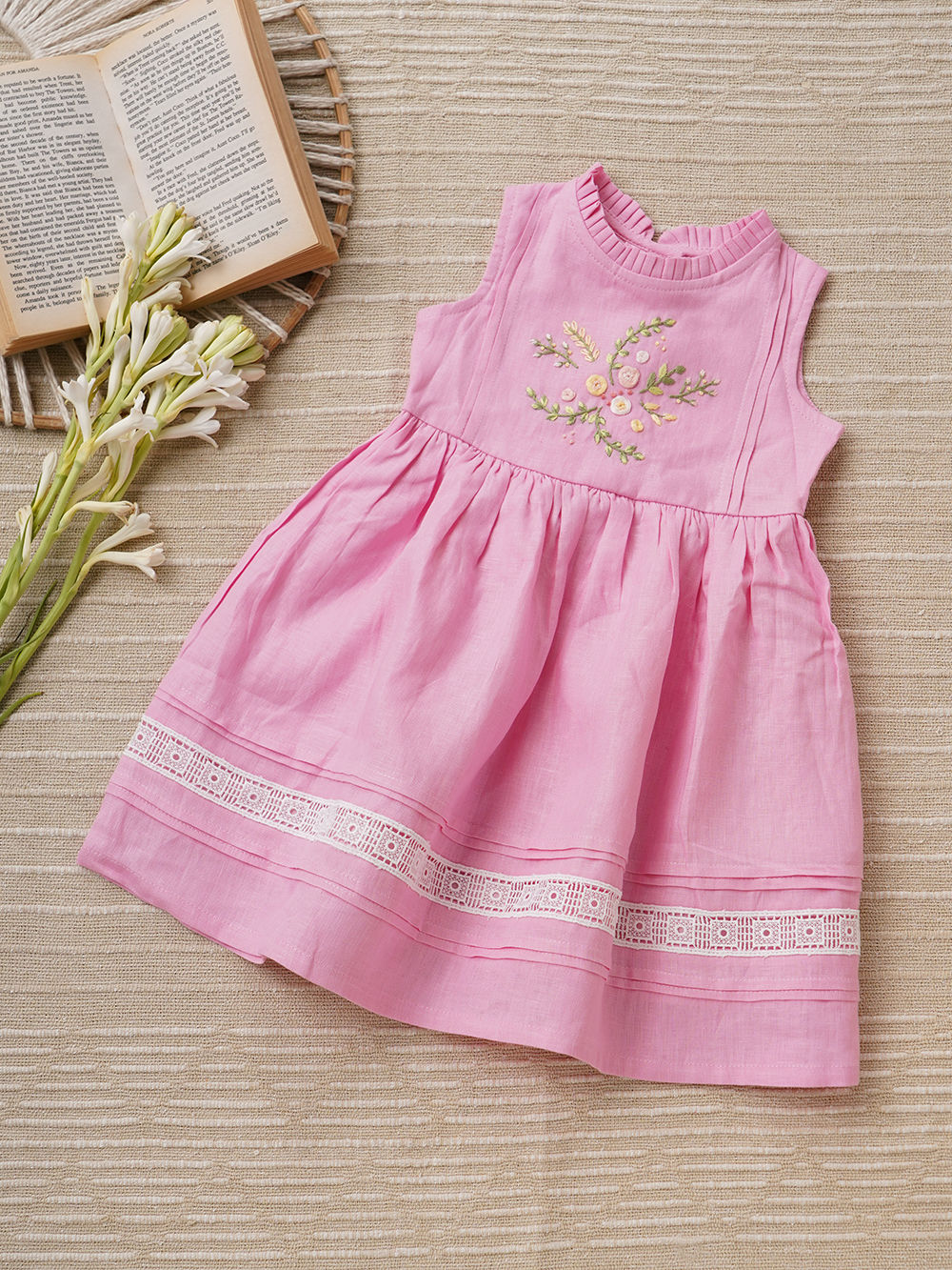 Pink Hand Embroidered Linen Dress Pink Hand Embroidered Linen Dress
