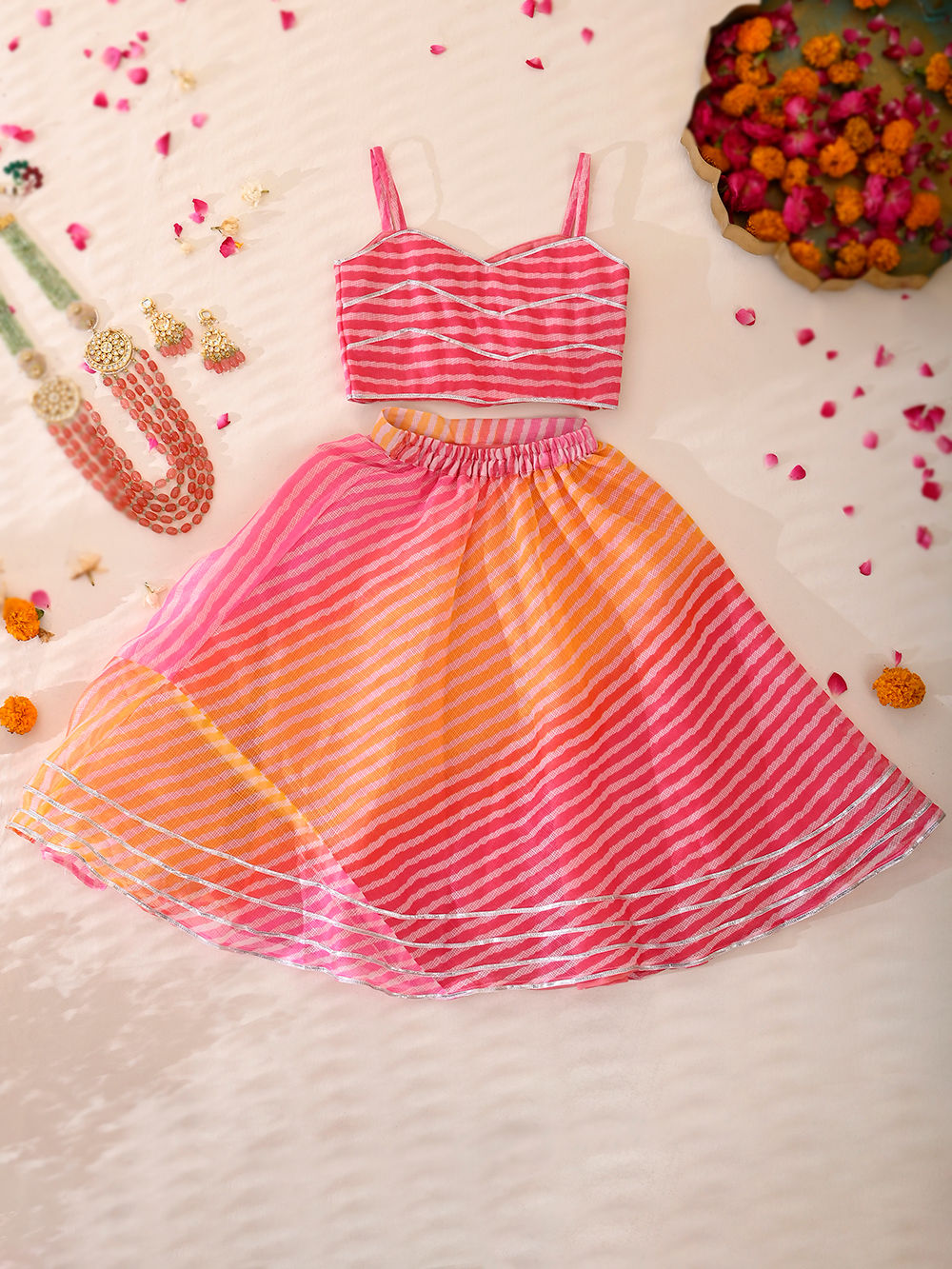 Pink Tie and Dye Cotton Kota Doria Top with Skirt- Set of 2