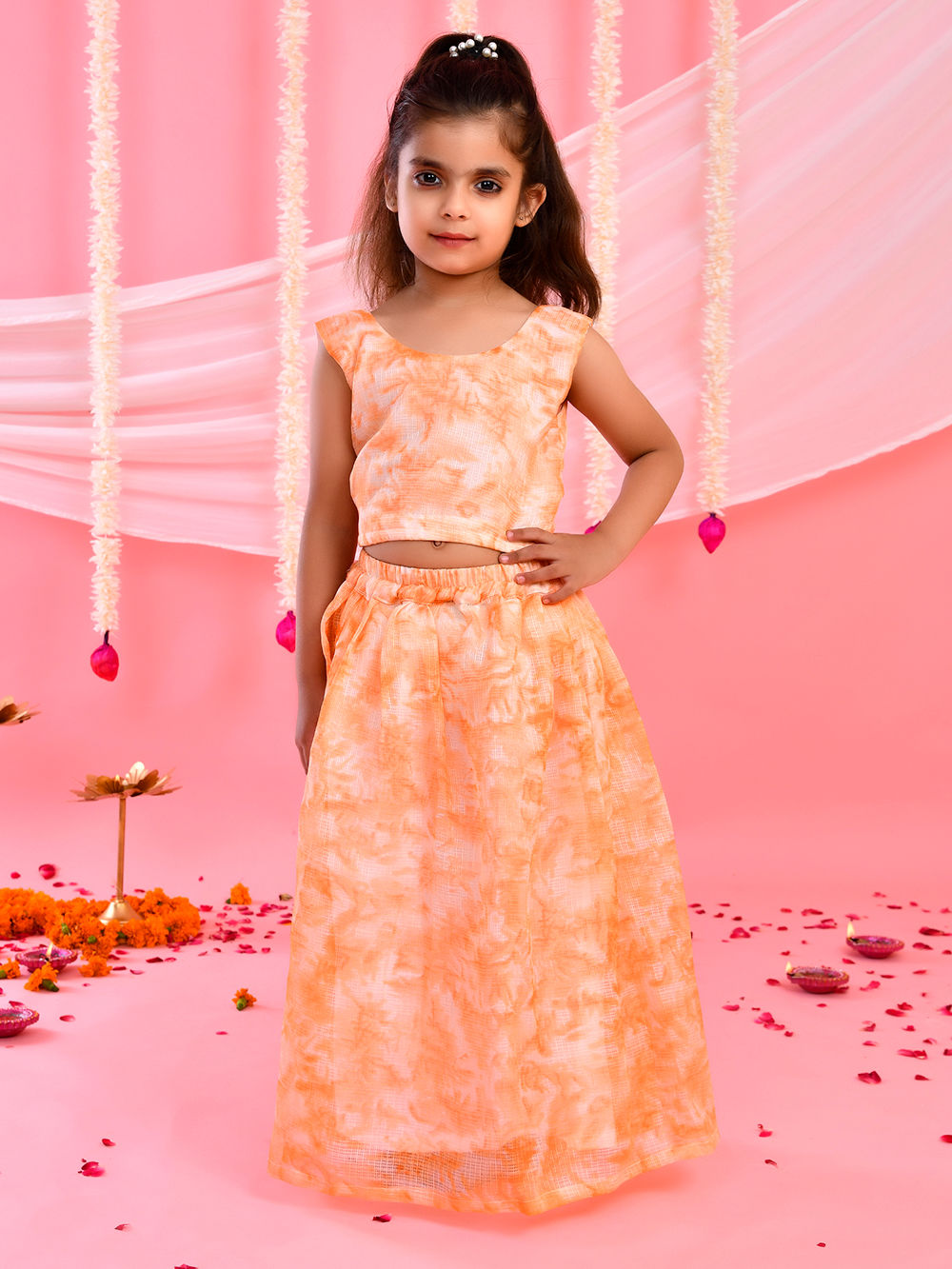 Peach Tie and Dye Kota Doria Top with Lehenga- Set of 2