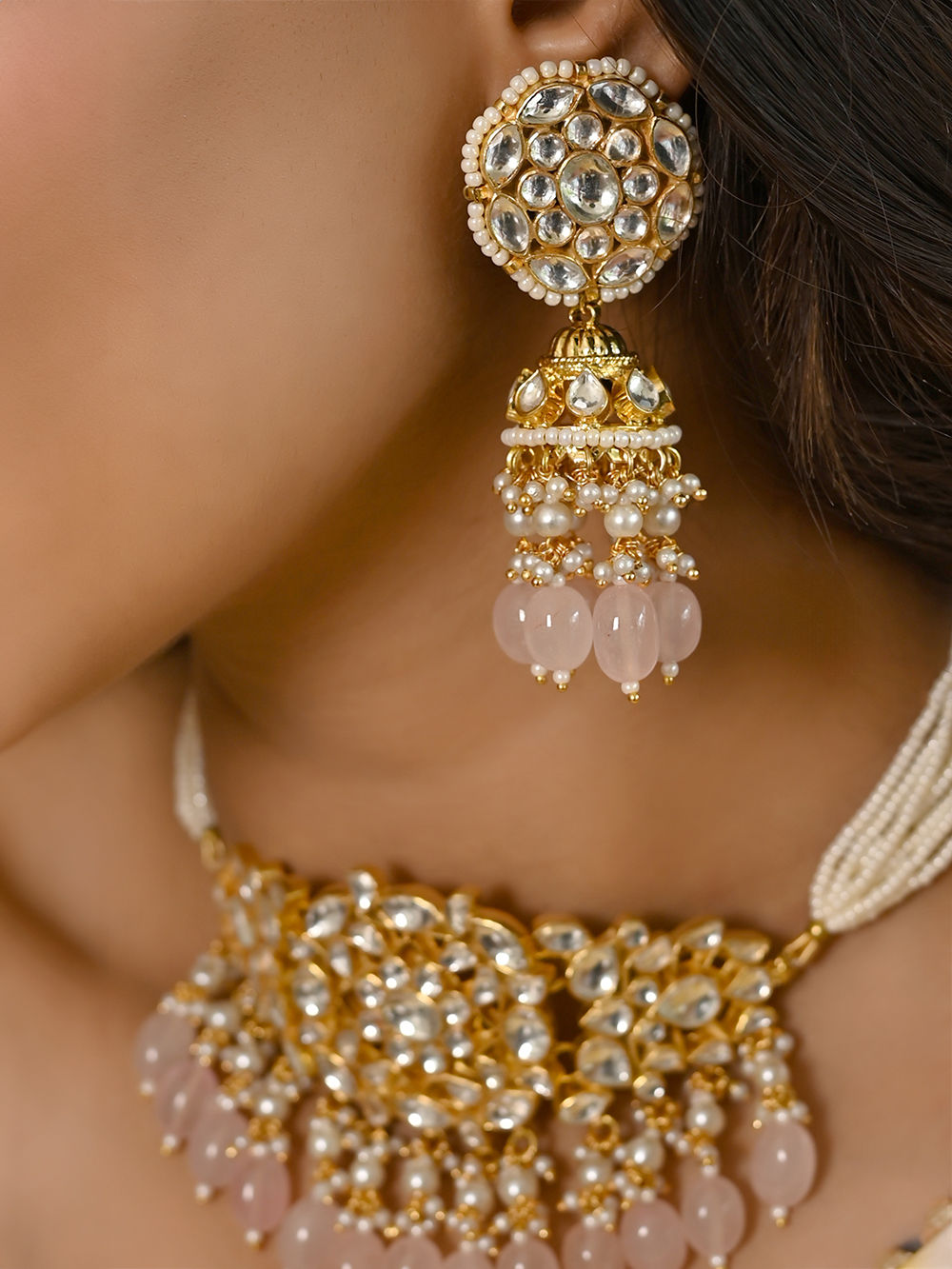 White Pink Handcrafted Brass Choker with Earrings- Set of 2