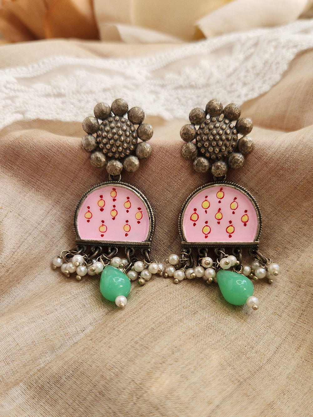 Silver Plated Pink Handcrafted Brass Earrings