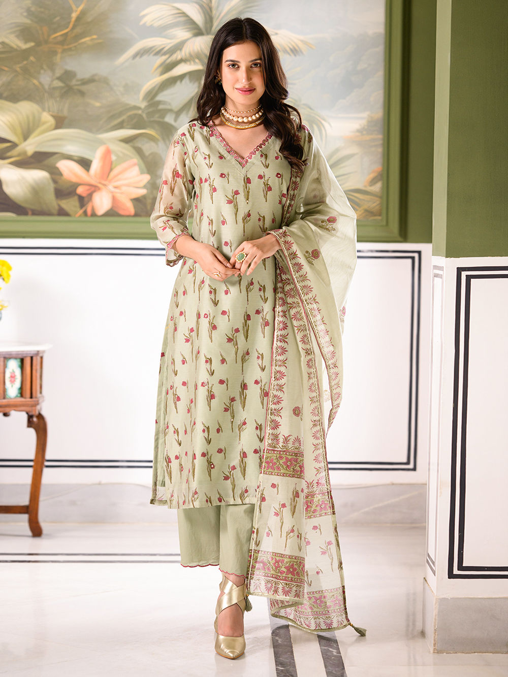 hunter green dresses plus size Buy Mehendi Green Crepe Sharara Suit With Indie Print And Stone Work| KALKI  Fashion India main image 1