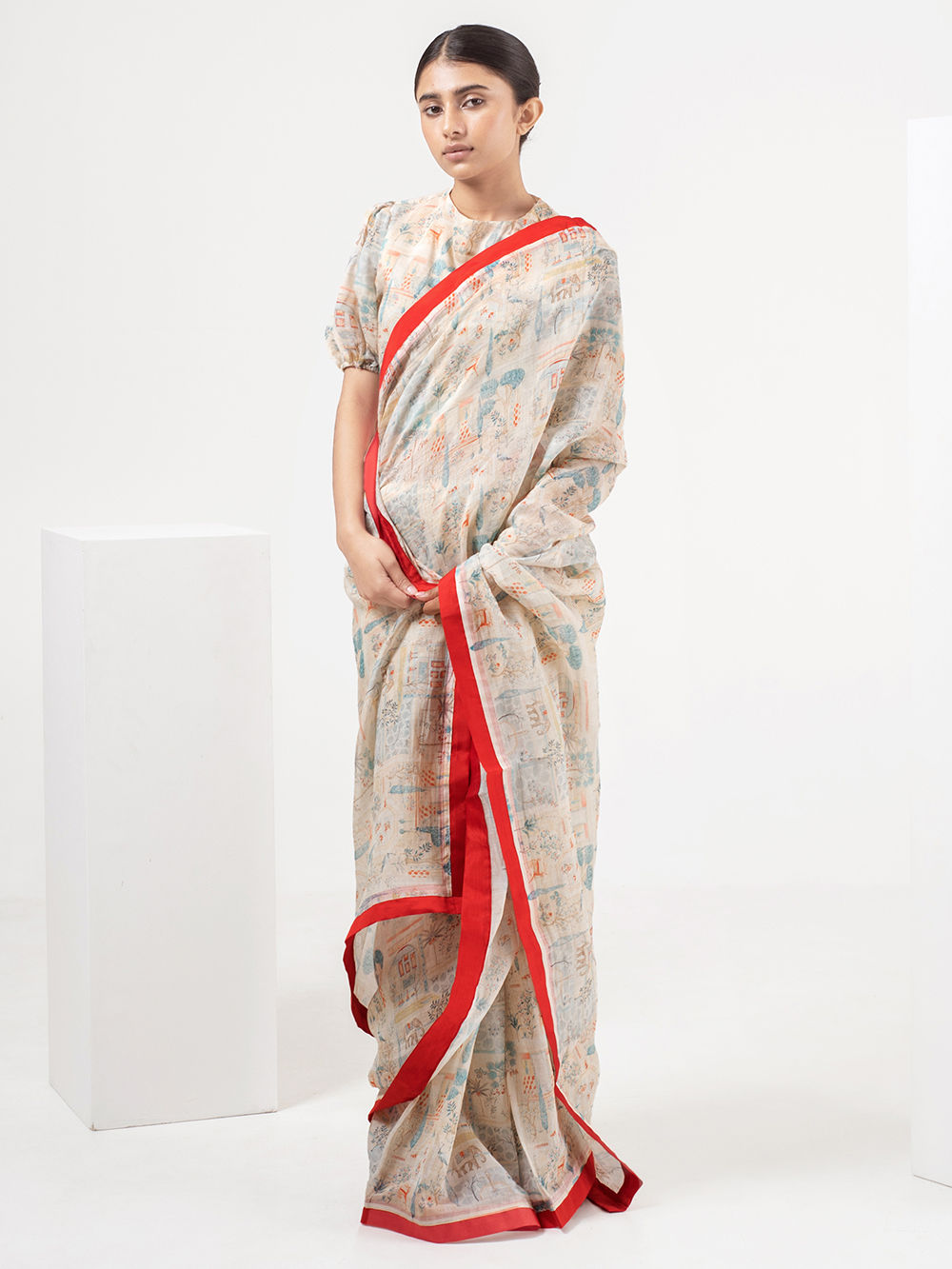 Multicolor Printed Chanderi Saree with Blouse- Set of 2