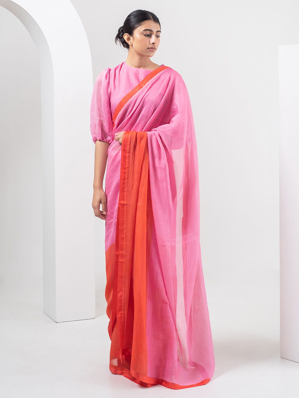 Red Pink Ombre Chanderi Saree with Blouse- Set of 2