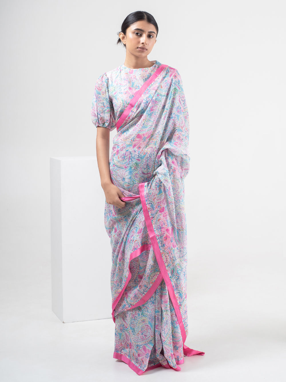 Multicolor Printed Chanderi Saree with Blouse- Set of 2